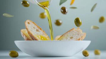 Olive oil pouring over bread slices with floating olives in motion in a clean culinary composition on a light background photo
