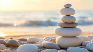 Stack of smooth white stones on a sandy beach at sunset with soft waves and a peaceful ocean view photo