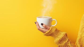 Hand holding a steaming cup of coffee against a vibrant yellow background with cozy sweater sleeve photo