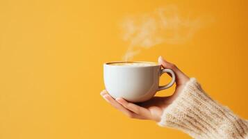 Hand holding a steaming cup of coffee against a bright yellow background with cozy sweater in a minimalist design photo