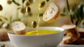Olive oil pouring over fresh bread slices with floating olives and leaves in a culinary composition on a clean background photo