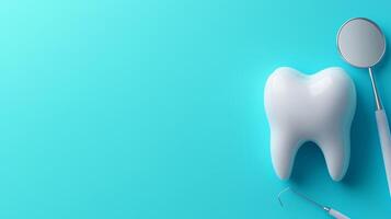 3D render of a tooth with dental mirror and scaler on a turquoise background for oral health care photo