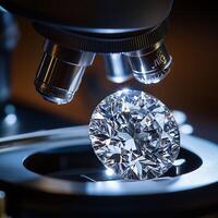 Sparkling diamond being examined under a microscope with precision optics, highlighting clarity and brilliance photo