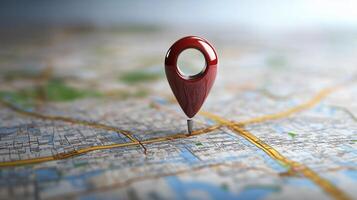 Red map pin placed on a city map indicating location and navigation for geographical search and route planning photo
