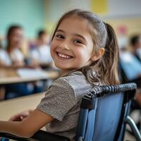 Smiling young girl in a wheelchair enjoying her time in a classroom setting, representing inclusion and positivity photo