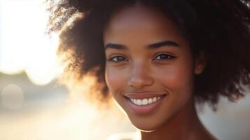Beautiful young woman with natural curly hair smiling warmly in soft sunlight, capturing a peaceful and joyful moment photo