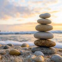 Stack of smooth stones balanced on the beach at sunset with a peaceful ocean view and vibrant colors photo