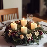 Elegant Christmas table centerpiece with glowing candles, pine cones, poinsettias, and festive ornaments, creating a cozy holiday atmosphere photo