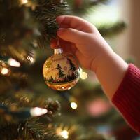 Child hanging a beautifully decorated Christmas bauble on the tree, creating a warm and festive holiday atmosphere photo