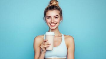 Smiling woman holding a protein shake against a bright blue background representing a healthy and active lifestyle photo