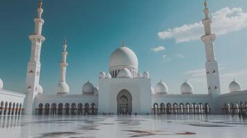 Beautiful white mosque with large domes and tall minarets under a bright blue sky, reflecting Islamic architecture photo