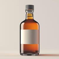 Glass bottle with amber liquid and blank label on a neutral background photo