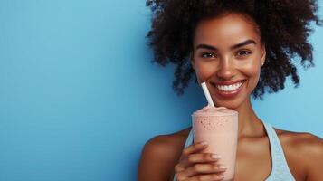 Smiling woman enjoying a refreshing smoothie while posing against a bright blue background in a healthy lifestyle concept photo