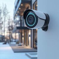 Outdoor security camera mounted on a wall, monitoring modern building with sleek design and advanced technology photo