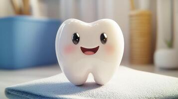 Happy cartoon tooth character with a wide smile sitting on a towel in a bright bathroom setting photo
