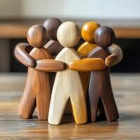 Group of wooden figures embracing in a harmonious circle symbolizing unity and diversity photo