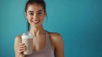 Smiling young woman holding a protein shake while standing against a blue background in a fitness and health concept photo