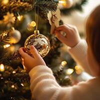 Child decorating a Christmas tree with a shiny ornament and angel figure, creating a warm and festive holiday scene photo