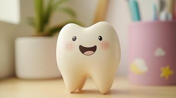 Cute cartoon tooth character with a big smile placed on a desk near dental tools in a bright room photo