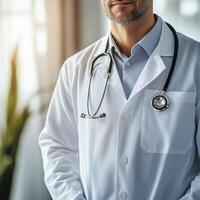 Confident male doctor in a white coat with arms crossed and stethoscope around his neck in a medical setting photo