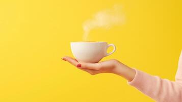 Hand holding a steaming white cup of coffee against a vibrant yellow background, creating a minimalist and modern design photo