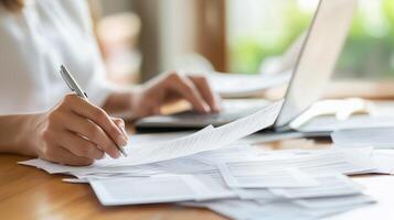 Woman working on financial documents with a laptop and paperwork spread across the desk photo