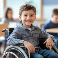 Smiling young boy in a wheelchair in a classroom environment representing inclusion and positivity in education photo