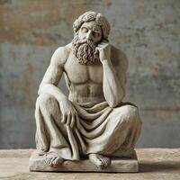 Ancient style sculpture of a seated, bearded man deep in thought, muscular and detailed stone carving art photo