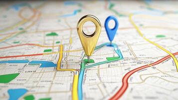 Two location pins on a city map illustrating navigation routes and geographic positioning for travel planning photo