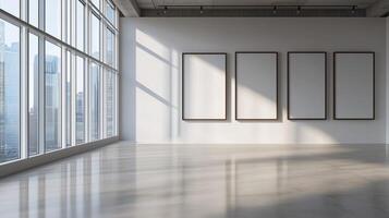 Contemporary art gallery interior with large windows, blank framed posters, and sunlight casting soft shadows photo
