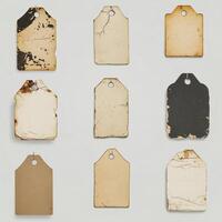 Collection of aged and distressed paper tags with rustic textures and worn-out designs in various shapes photo