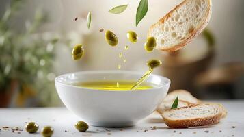 Fresh bread with olive oil and olives in motion on a light background in a gastronomic composition photo