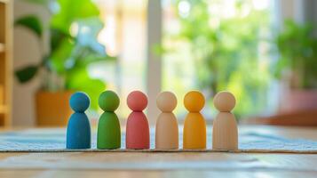 Colorful wooden figures in a cheerful indoor environment with soft natural lighting and blurred background photo