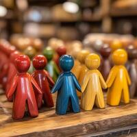 Colorful wooden figures arranged in rows on a wooden surface representing community photo