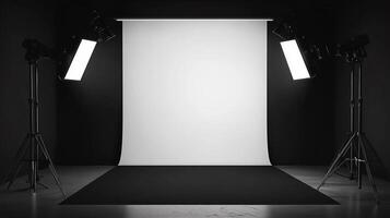 Photography studio setup with white backdrop, lighting equipment, and softbox lights in a professional environment photo