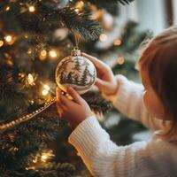 Child placing a forest-themed Christmas bauble on a decorated tree, creating a cozy and festive holiday scene photo