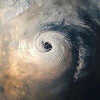 High-altitude view of a massive rotating cyclone over the ocean with swirling clouds and powerful winds photo