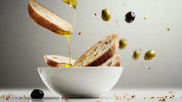 Olive oil pouring over bread slices with floating olives in motion in a clean culinary composition on a light background photo