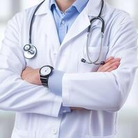 Close-up of a doctor with arms crossed wearing a white coat and stethoscope in a medical environment photo