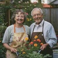 Smiling elderly couple gardening together with blooming flowers in an outdoor garden setting, showcasing joy and nature photo