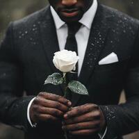 Man in a black suit holding a white rose during a solemn moment, symbolizing grief, remembrance, and respect photo