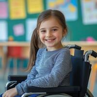 Smiling young girl in a wheelchair in a classroom setting representing inclusion and positivity in education photo