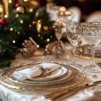 Luxurious Christmas dinner table setting with elegant plates, crystal glasses, and festive decorations photo