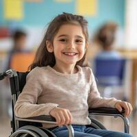 Smiling young girl in a wheelchair in a classroom environment representing inclusion and positivity in education photo