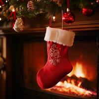 Cozy Christmas fireplace with a red stocking hanging and festive ornaments decorating the mantle photo