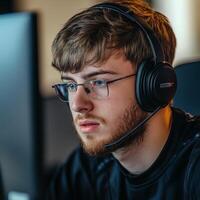 Focused young man wearing headphones and glasses working at a computer in a modern tech environment photo