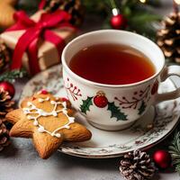 Christmas tea in a festive cup with a gingerbread cookie and holiday decorations on a table with pinecones photo