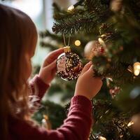 Child decorating a Christmas tree with a festive ornament, creating a warm and joyful holiday atmosphere at home photo