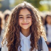 Smiling curly haired girl in a school uniform outdoors on a sunny day with a cheerful expression photo