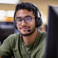 Smiling young man with glasses wearing headphones while working at a computer in a modern office environment photo